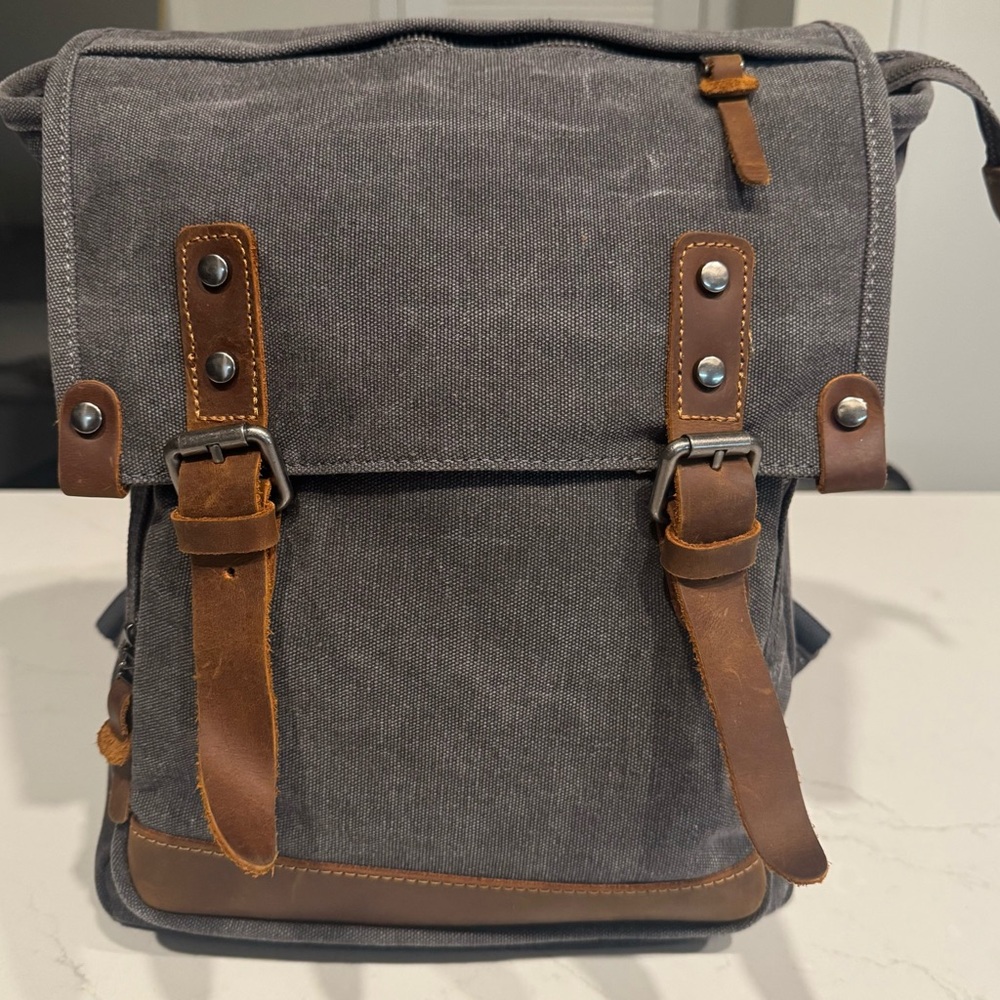 Brand New TSD Earth & Style Gray Canvas Backpack with Brown Leather Accents